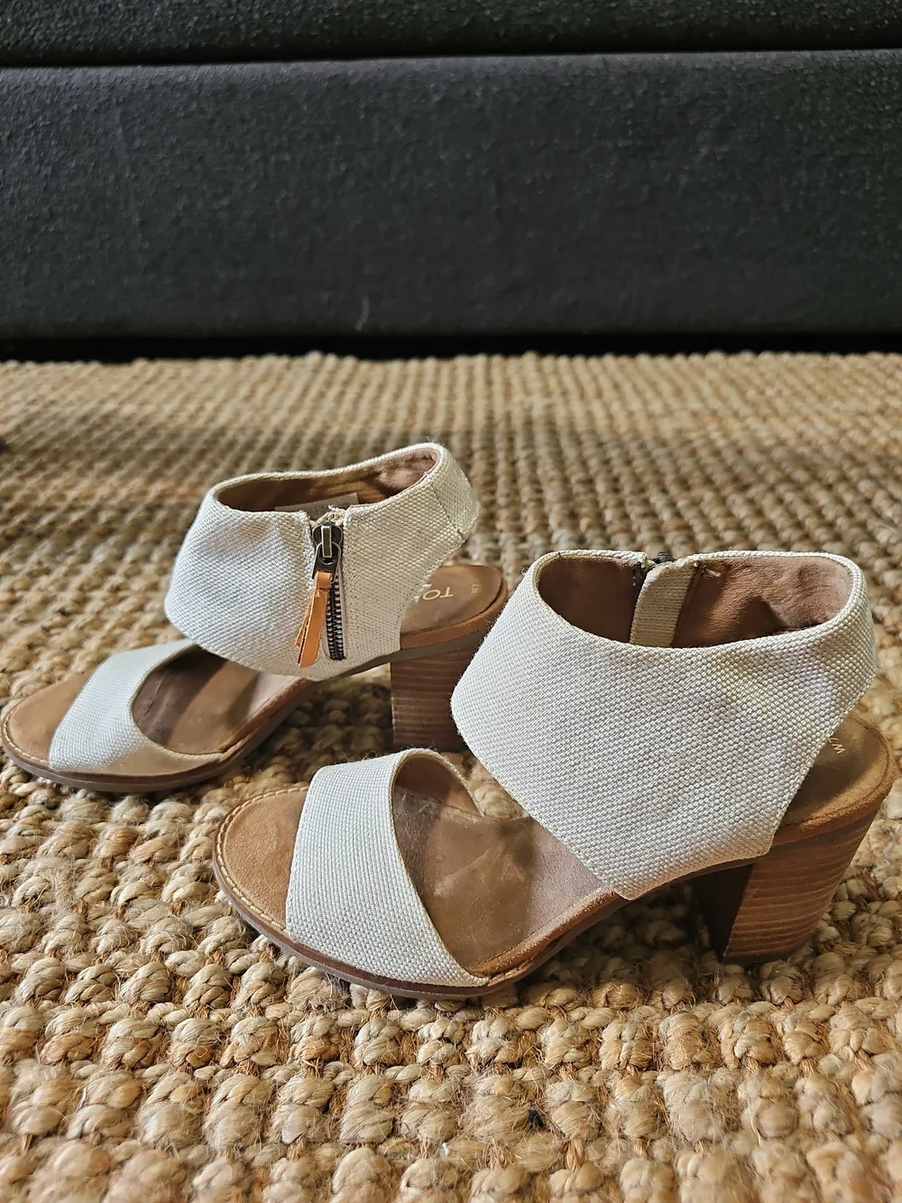 Toms Cream Fabric Block Heel Sandals with Wood-Tone Heel
